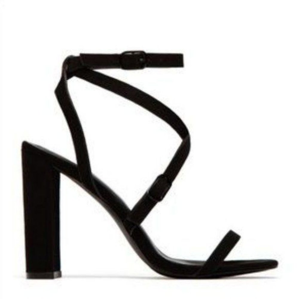 Strappy Faux Suede Block Heels in Red - Picture 9 of 9